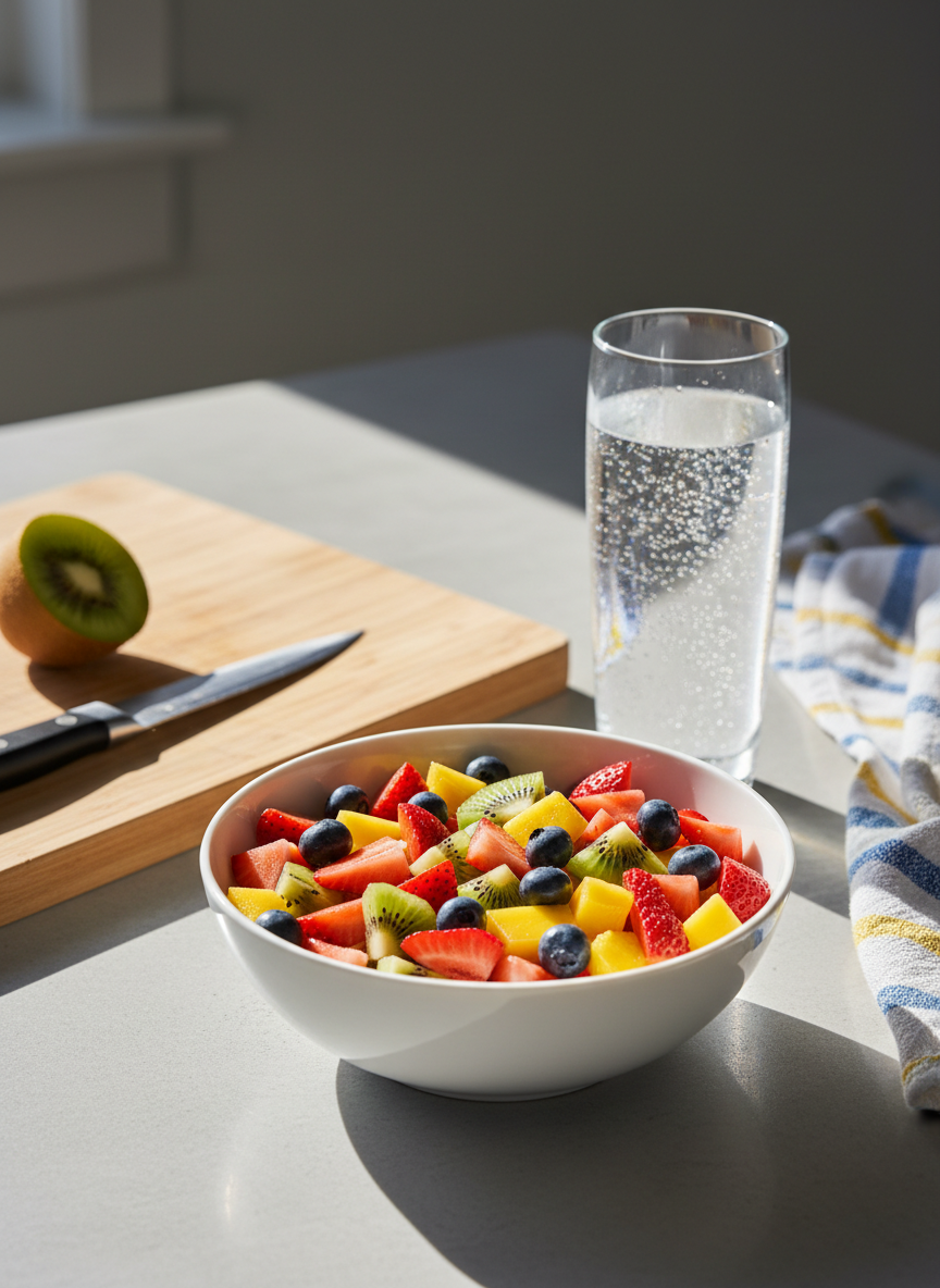 A tidy, sunlit kitchen counter with a simple white ceramic bowl filled with colorful cut fruit, a wooden cutting board with a half-sliced kiwi, and a tall glass of sparkling water with tiny rising bubbles. The counter is a pale stone surface, subtly reflective, with a cheerful striped dish towel draped casually to one side. Soft morning light streams through an unseen window, creating bright highlights on the glass and gentle shadows behind the bowl. Photographic realism, shot from a slightly elevated angle with the bowl on the rule of thirds line. The atmosphere is fresh, playful, and energetic, perfectly suited to a daily vlog segment about making a fun, healthy breakfast.