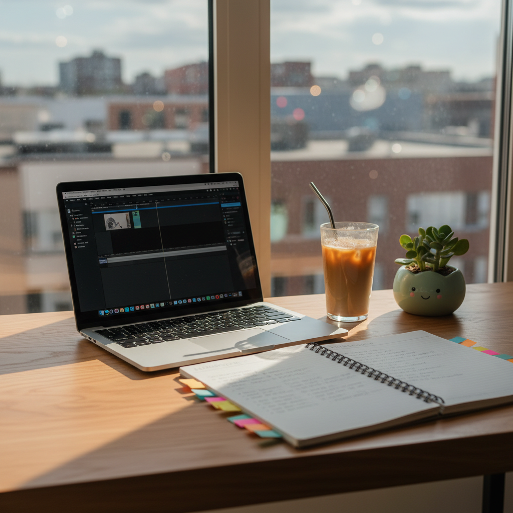A cozy wooden desk by a bright apartment window, covered with a neatly arranged laptop, open notebook with colorful sticky tabs, a clear glass of iced coffee with beads of condensation, and a tiny desk plant in a playful pastel pot. Outside the window, blurry city rooftops and soft blue sky create a gentle bokeh. Late-morning natural light pours in, casting warm highlights on the smooth wood grain and subtle shadows from the objects. Photographic realism, shot at eye level with a shallow depth of field, conveying an easygoing, relatable daily vlog moment of planning and editing. The mood is light, playful, and inviting, suggesting a casual day of capturing everyday life.