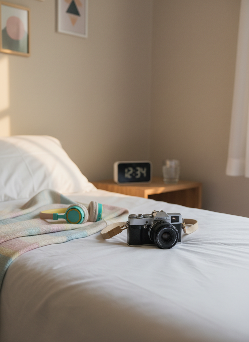 A small, neatly made bed with rumpled but clean white sheets and a cozy pastel blanket kicked to the side, on top of which sits a pair of brightly colored headphones and a compact camera resting on a soft fabric camera strap. On the nearby nightstand, a digital alarm clock and a simple glass of water catch soft afternoon light. The walls are a light neutral tone, decorated with a few abstract prints that are blurred in the background. Photographic realism, captured from a slightly elevated corner angle with shallow depth of field, focusing on the camera. The mood is relaxed, playful, and intimate, like a behind-the-scenes snapshot of daily vlog gear between filming sessions.